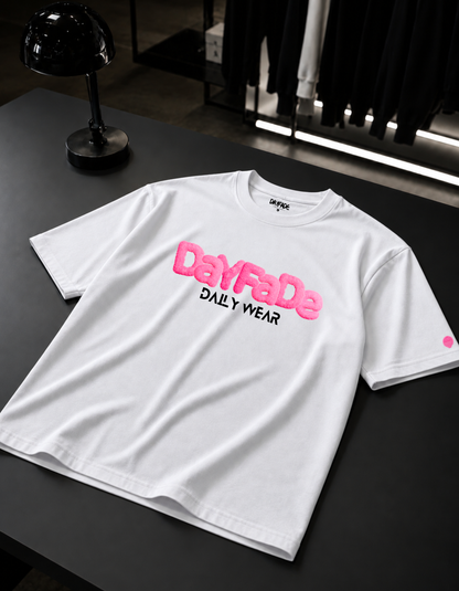 White Streetwear T-Shirt, Pink Logo Tee, Unisex Urban Shirt, Dayfade Daily Wear